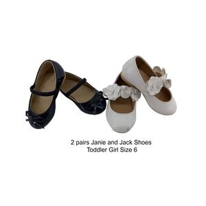 Janie & Jack Toddler Girl Shoes Size 6 White Floral Mary Janes Navy Bow Flats